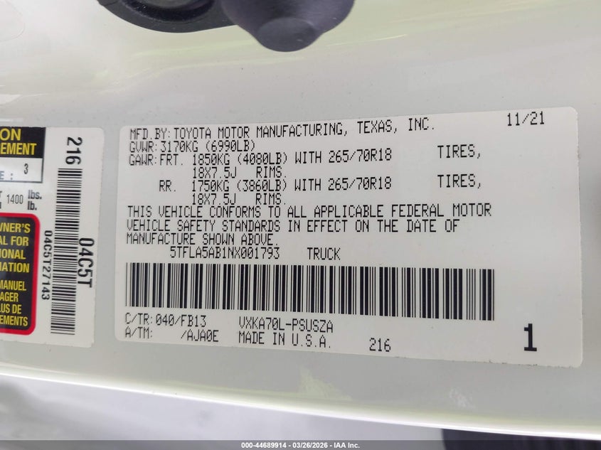 2022 Toyota Tundra Sr5 VIN: 5TFLA5AB1NX001793 Lot: 44689914