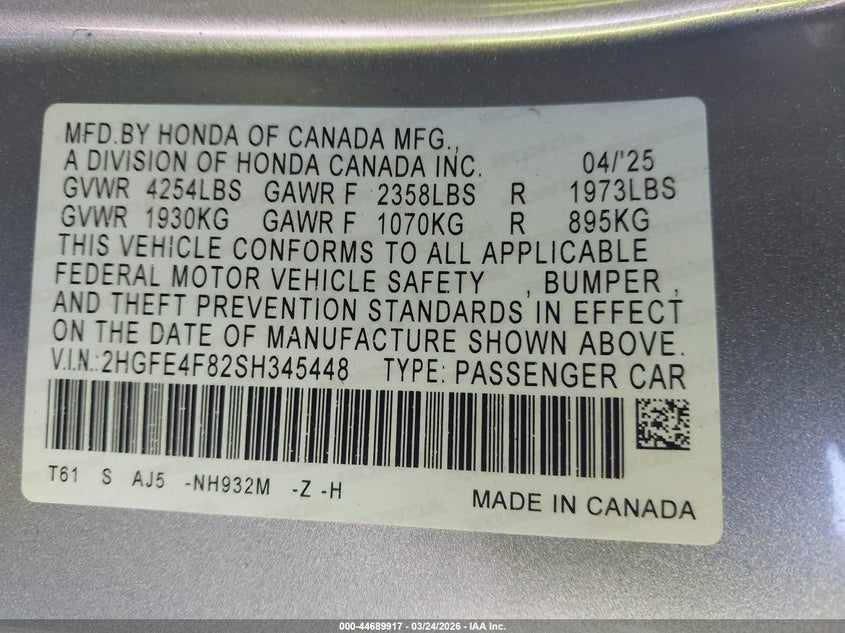 VIN 2HGFE4F82SH345448 2025 HONDA CIVIC HYBRID SPORT/SPORT TOURING