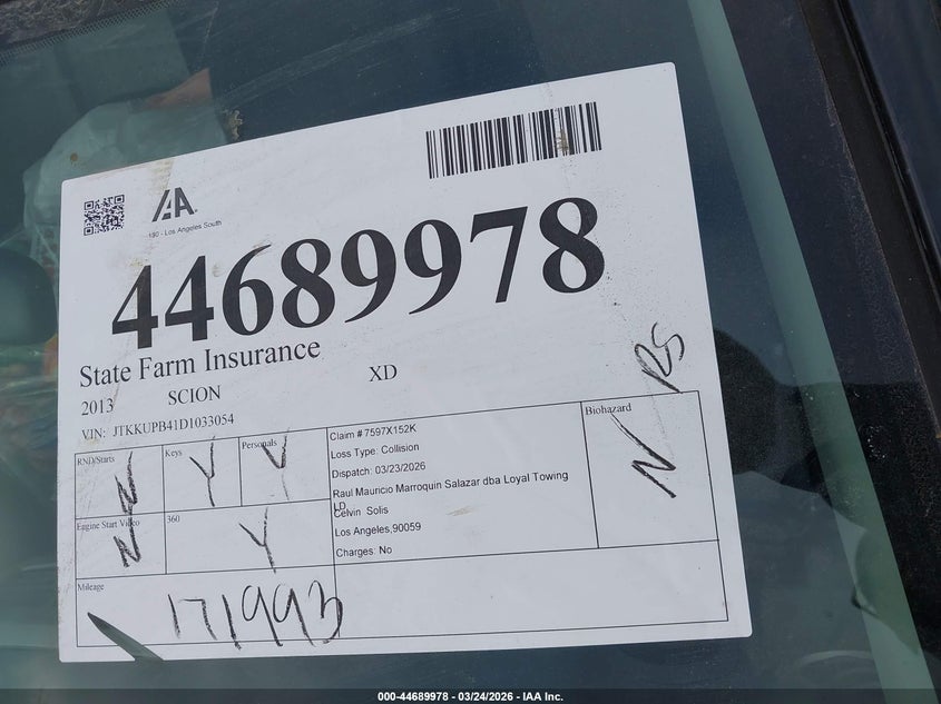 2013 Scion Xd VIN: JTKKUPB41D1033054 Lot: 44689978