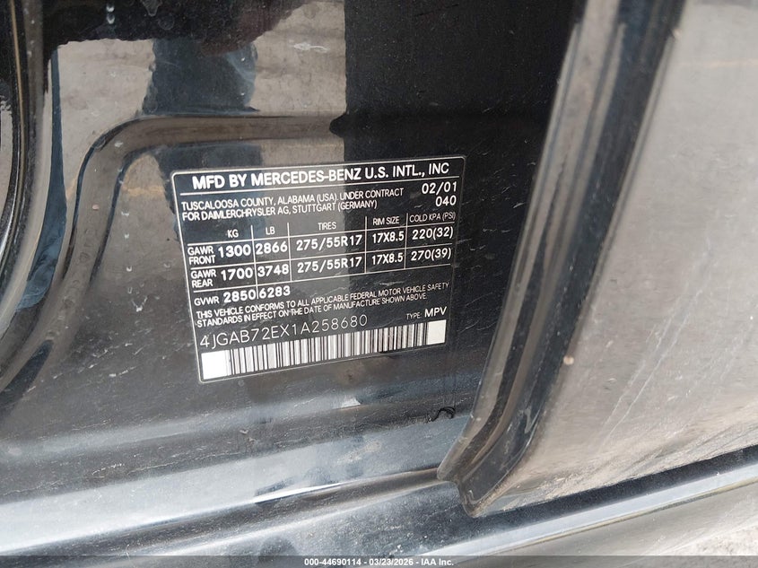 2001 Mercedes-Benz Ml 430 VIN: 4JGAB72EX1A258680 Lot: 44690114