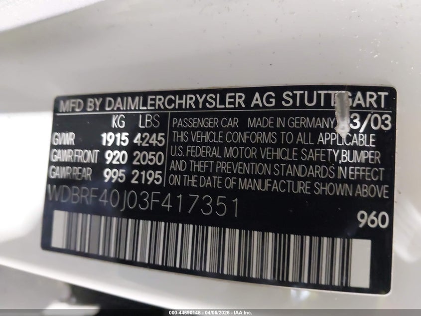 2003 Mercedes-Benz C 230 Kompressor Sport VIN: WDBRF40J03F417351 Lot: 44690146