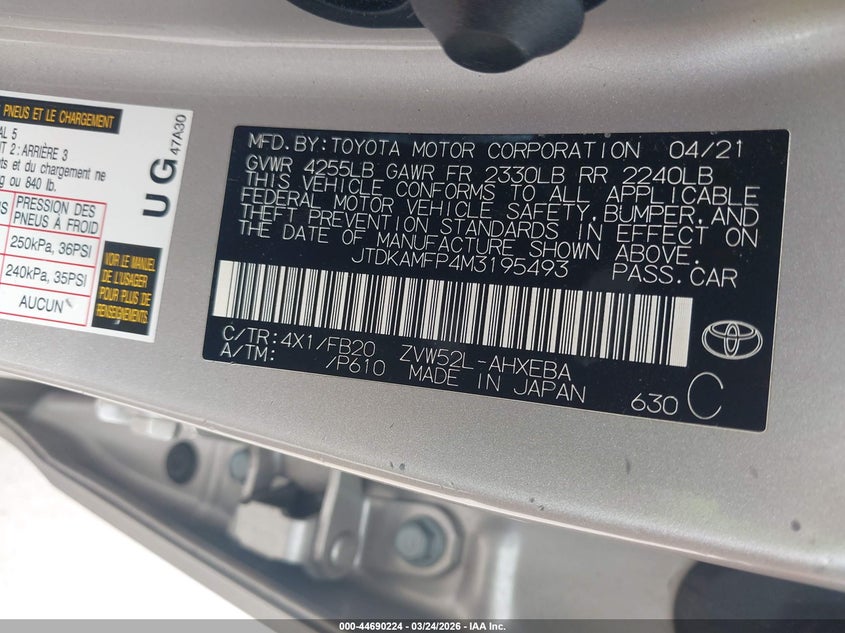 VIN JTDKAMFP4M3195493 2021 TOYOTA PRIUS PRIME LE