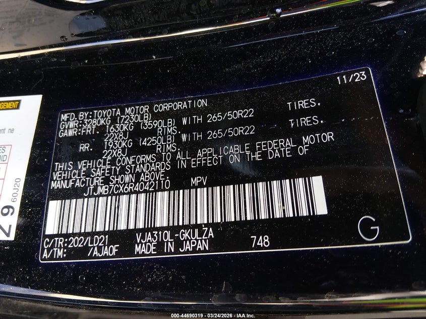 2024 Lexus Lx 600 F Sport VIN: JTJMB7CX6R4042110 Lot: 44690319