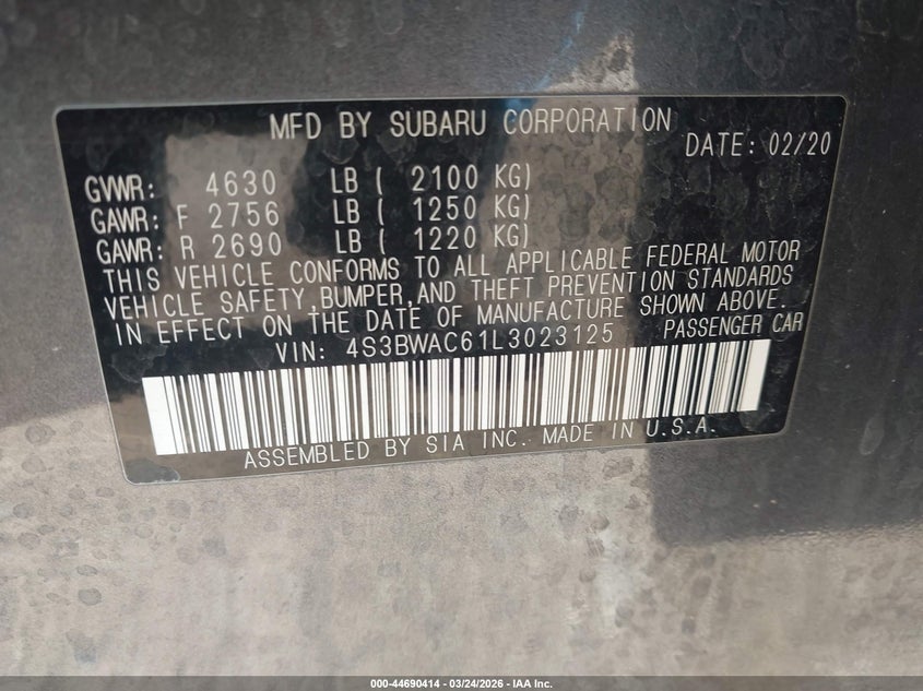 2020 Subaru Legacy Premium VIN: 4S3BWAC61L3023125 Lot: 44690414