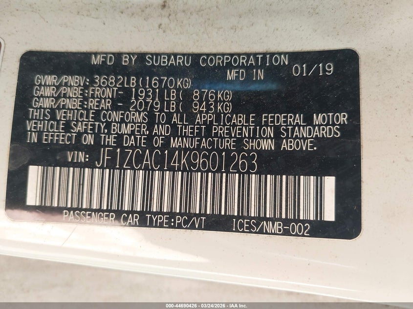 2019 Subaru Brz Limited VIN: JF1ZCAC14K9601263 Lot: 44690426