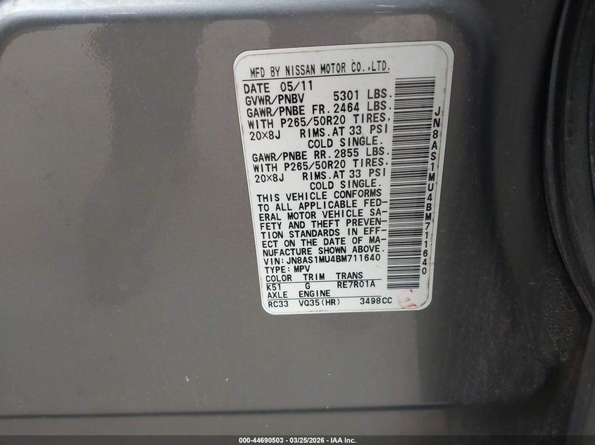 2011 Infiniti Fx35 VIN: JN8AS1MU4BM711640 Lot: 44690503