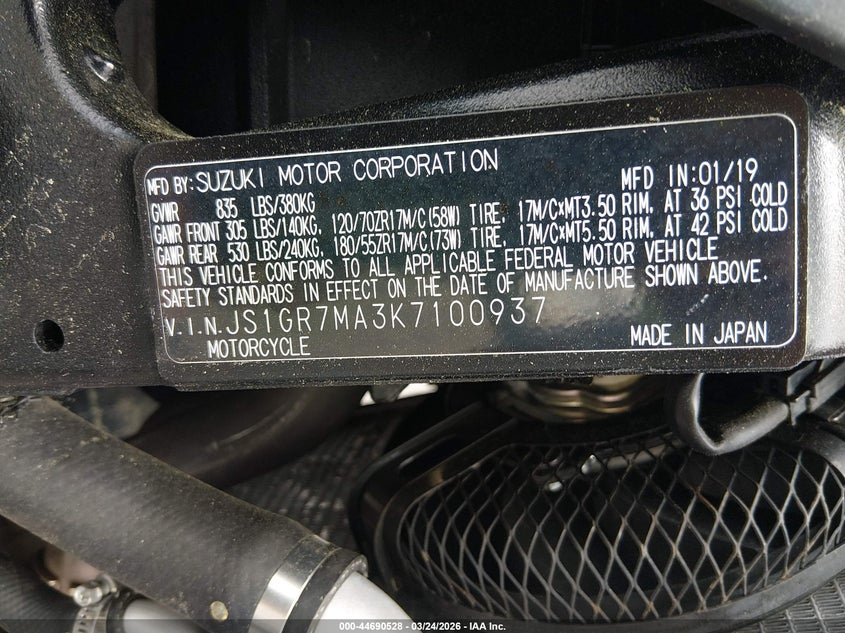 2019 Suzuki Gsx-R750 VIN: JS1GR7MA3K7100937 Lot: 44690528
