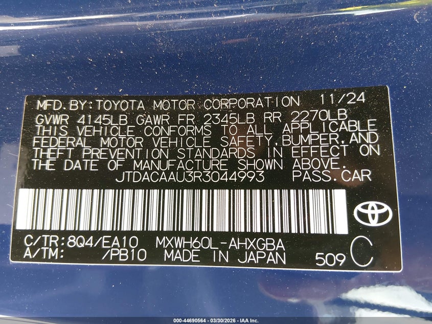 2024 TOYOTA PRIUS 2.0L I-4 DI, DOHC, V(VIN: JTDACAAU3R3044993