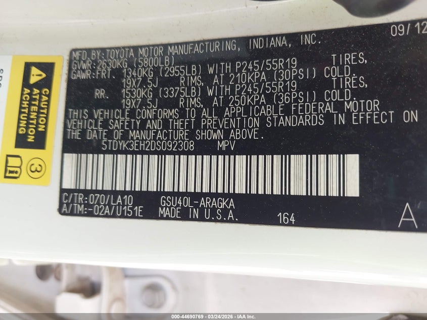 2013 Toyota Highlander Limited V6 VIN: 5TDYK3EH2DS092308 Lot: 44690769