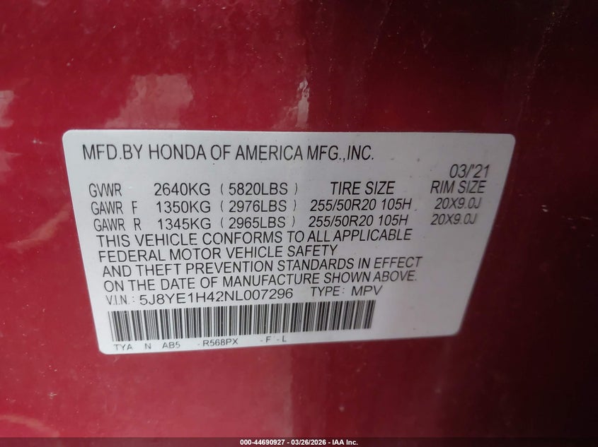 2022 Acura Mdx Technology Package VIN: 5J8YE1H42NL007296 Lot: 44690927