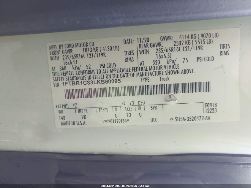 2020 Ford Transit-250 VIN: 1FTBR1C83LKB60095 Lot: 44691095