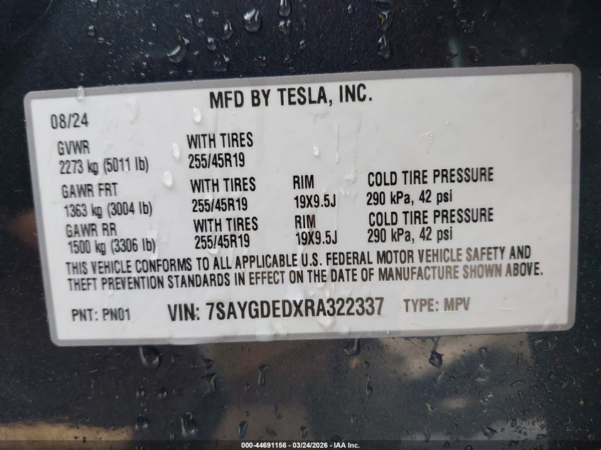 2024 Tesla Model Y Long Range Single Motor Rear-Wheel Drive/Rwd VIN: 7SAYGDEDXRA322337 Lot: 44691156