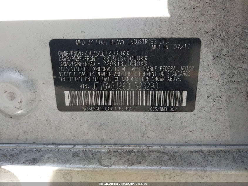 2011 Subaru Impreza Wrx Sti VIN: JF1GV8J66BL523290 Lot: 44691331