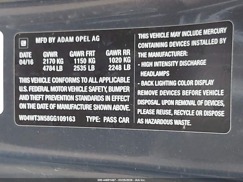 2016 Buick Cascada Premium VIN: W04WT3N58GG109163 Lot: 44691467