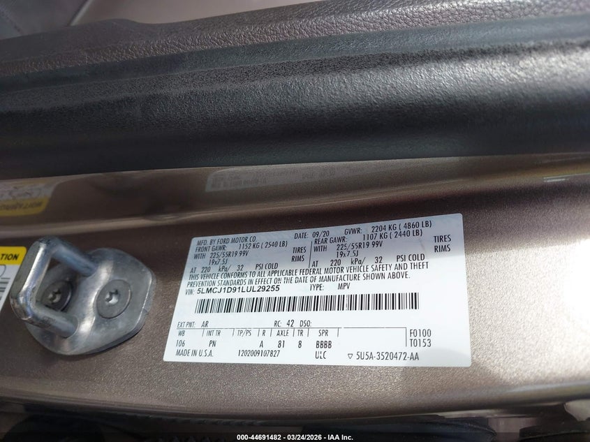 2020 Lincoln Corsair Standard VIN: 5LMCJ1D91LUL29255 Lot: 44691482