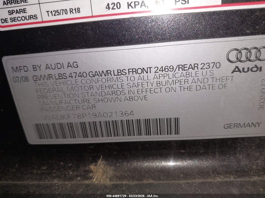 2009 Audi A3 2.0T VIN: WAUKF78P19A021364 Lot: 44691729