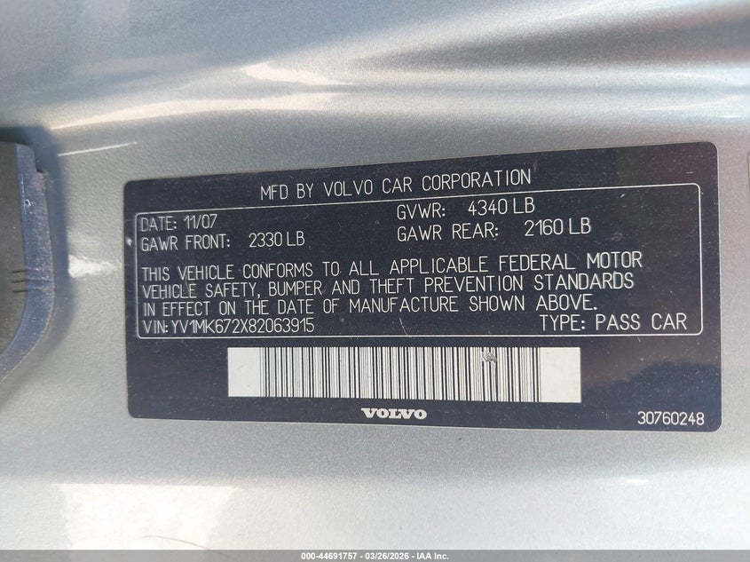 2008 Volvo C30 T5 R-Design/T5 Version 1.0/T5 Version 2.0 VIN: YV1MK672X82063915 Lot: 44691757