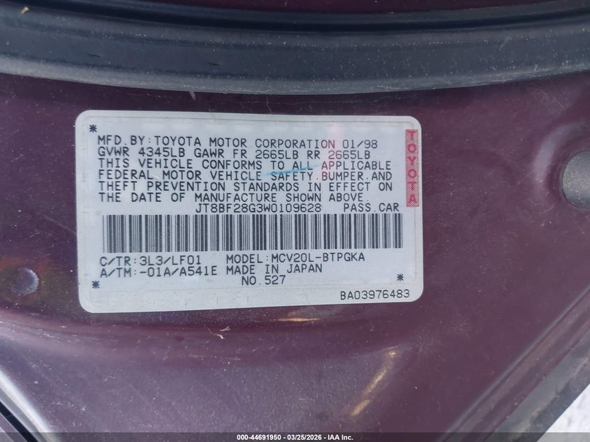 1998 Lexus Es300 VIN: JT8BF28G3W0109628 Lot: 44691950