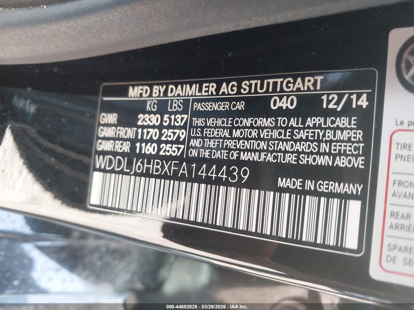 2015 Mercedes-Benz Cls 400 4Matic VIN: WDDLJ6HBXFA144439 Lot: 44692028