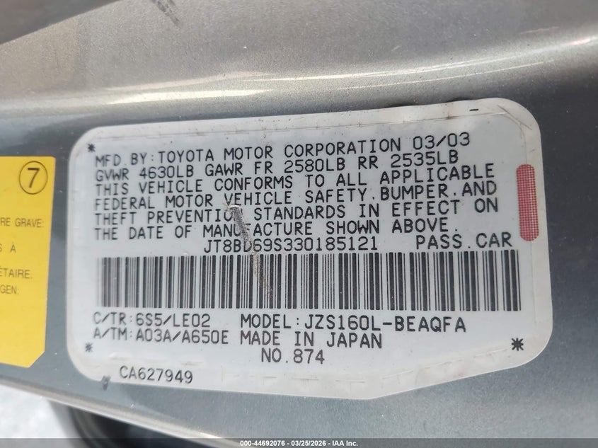 2003 Lexus Gs 300 VIN: JT8BD69S330185121 Lot: 44692076