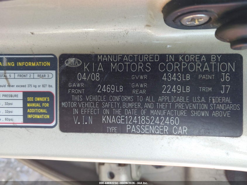2008 Kia Optima Lx V6 VIN: KNAGE124185242460 Lot: 44692234