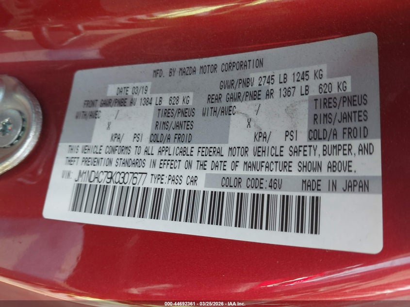 2019 Mazda Mx-5 Miata Club VIN: JM1NDAC79K0307677 Lot: 44692361