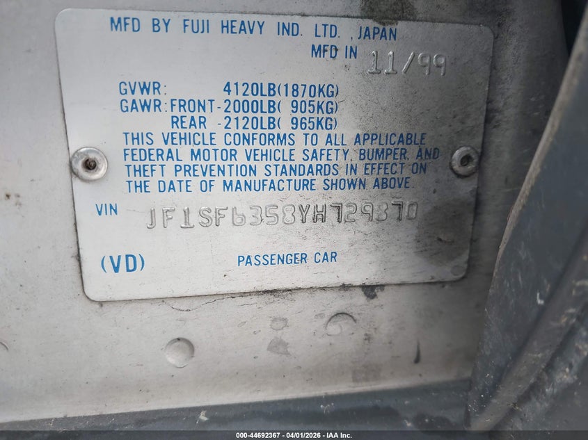 2000 Subaru Forester L VIN: JF1SF6358YH729870 Lot: 44692367