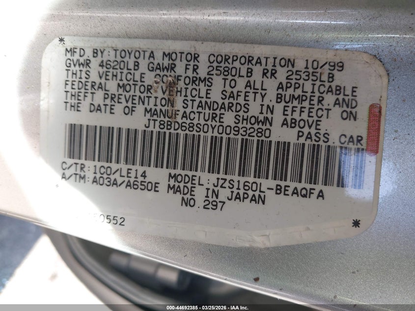 2000 Lexus Gs 300 VIN: JT8BD68S0Y0093280 Lot: 44692385