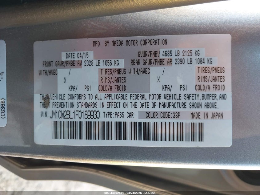 2015 Mazda Mazda5 Sport VIN: JM1CW2BL1F0189930 Lot: 44692431