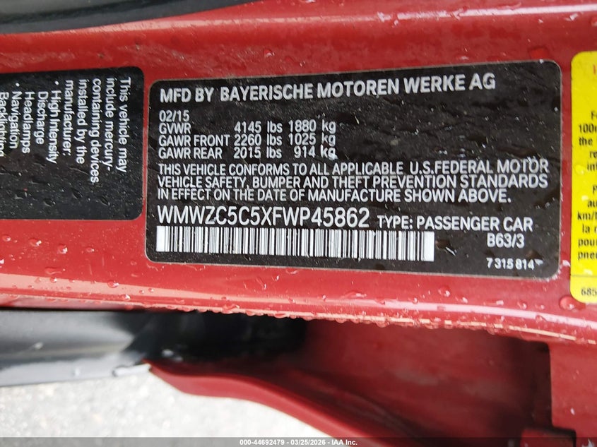 2015 Mini Countryman Cooper S VIN: WMWZC5C5XFWP45862 Lot: 44692479