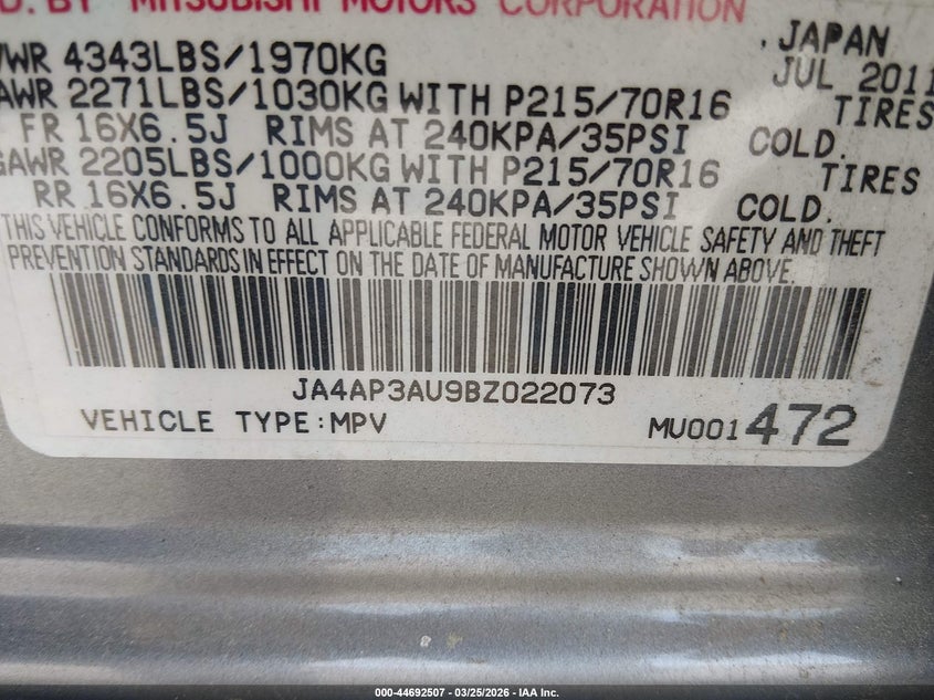 2011 Mitsubishi Outlander Sport Es VIN: JA4AP3AU9BZ022073 Lot: 44692507