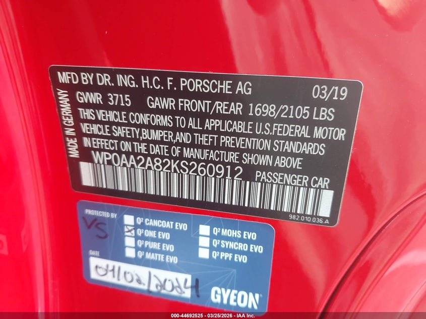 2019 Porsche 718 Cayman VIN: WP0AA2A82KS260912 Lot: 44692525