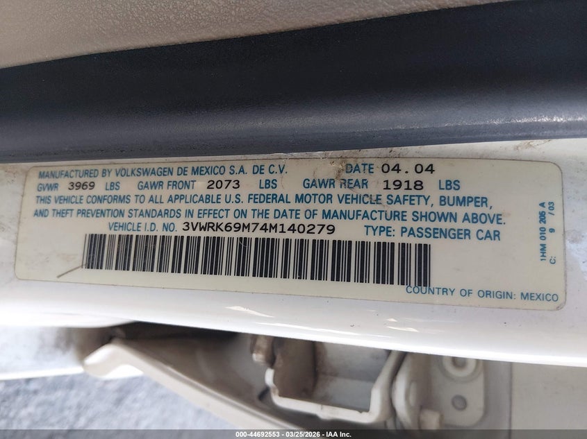 2004 Volkswagen Jetta Gl VIN: 3VWRK69M74M140279 Lot: 44692553