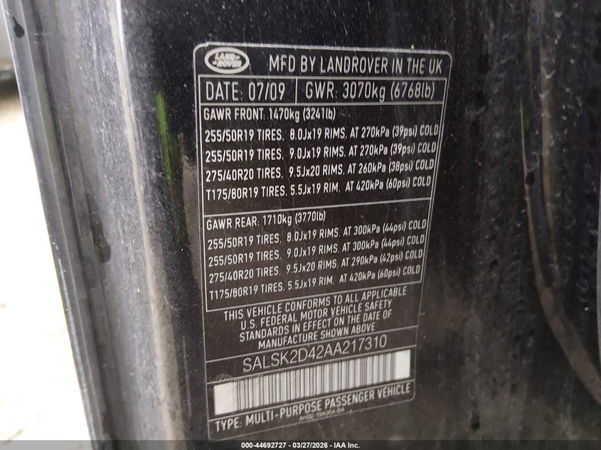 2010 Land Rover Range Rover Sport Hse VIN: SALSK2D42AA217310 Lot: 44692727