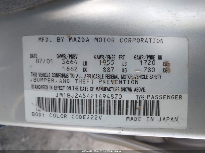 2002 Mazda Protege5 VIN: JM1BJ245421494870 Lot: 44692758