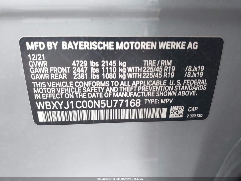 2022 BMW X2 xDrive28I VIN: WBXYJ1C00N5U77168 Lot: 44692783