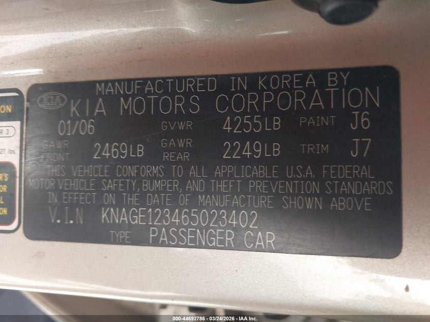 2006 Kia Optima Ex (New)/Lx (New) VIN: KNAGE123465023402 Lot: 44692786