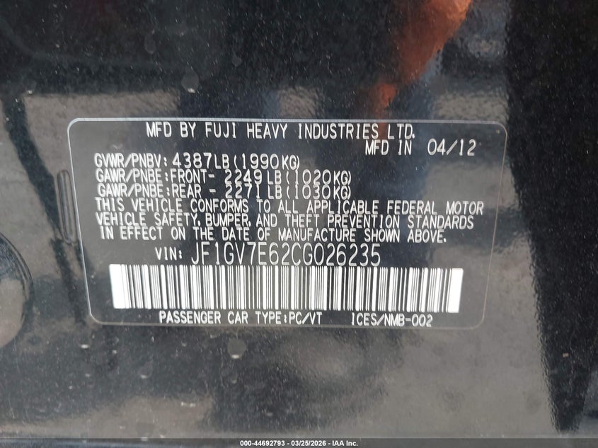 2012 Subaru Impreza 2.5 Wrx black Lot 111044692793 Vin JF1GV7E62CG026235
