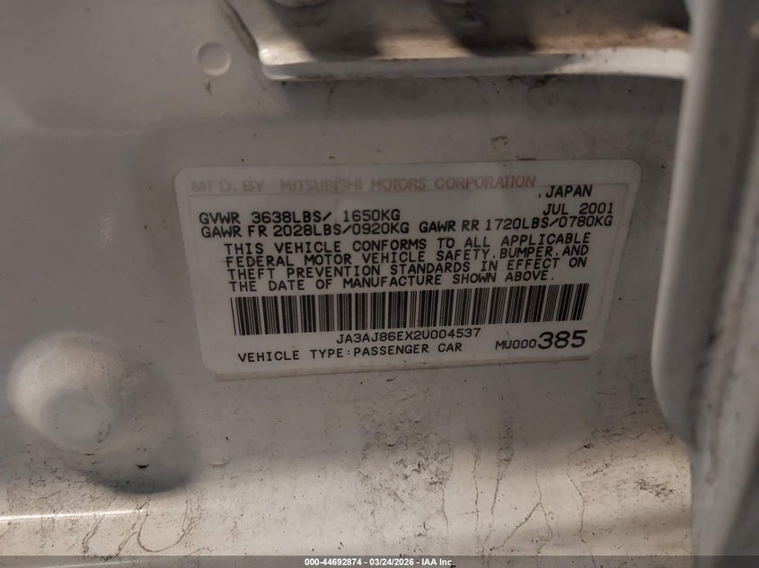 2002 Mitsubishi Lancer Oz Rally VIN: JA3AJ86EX2U004537 Lot: 44692874