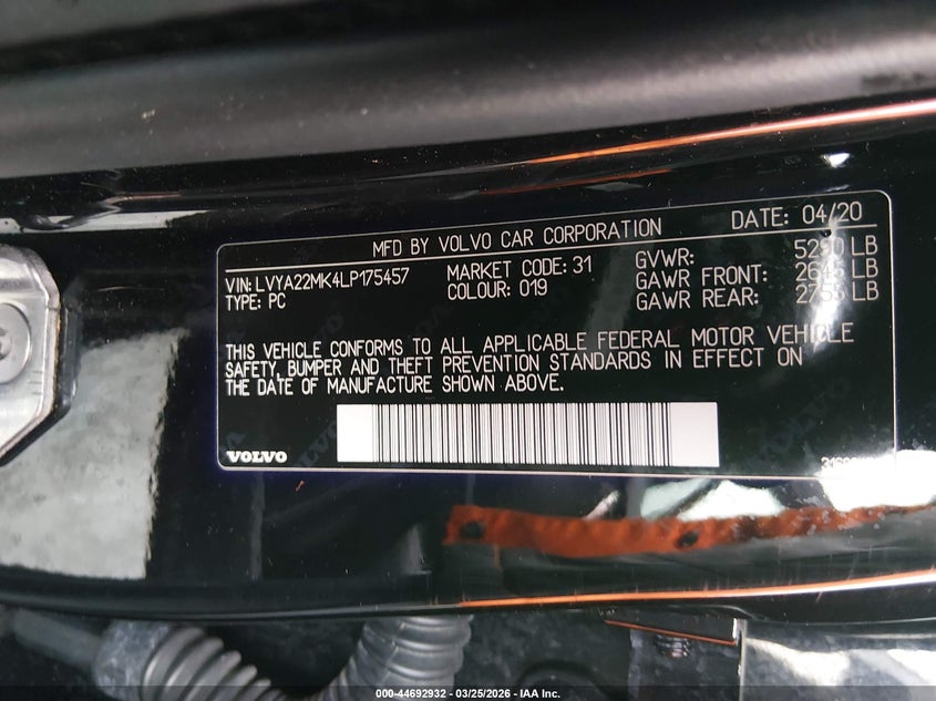 2020 Volvo S90 T6 Momentum VIN: LVYA22MK4LP175457 Lot: 44692932