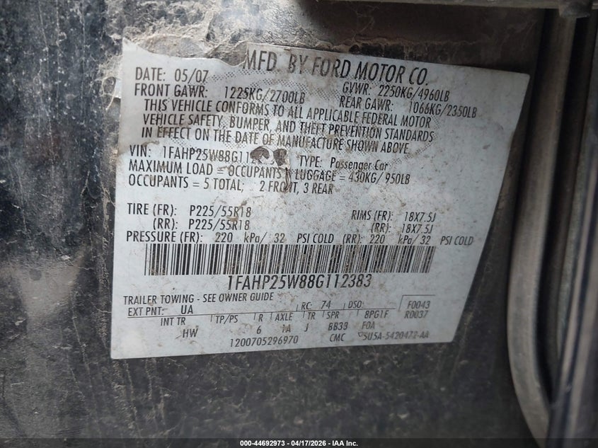 2008 Ford Taurus Limited VIN: 1FAHP25W88G112383 Lot: 44692973