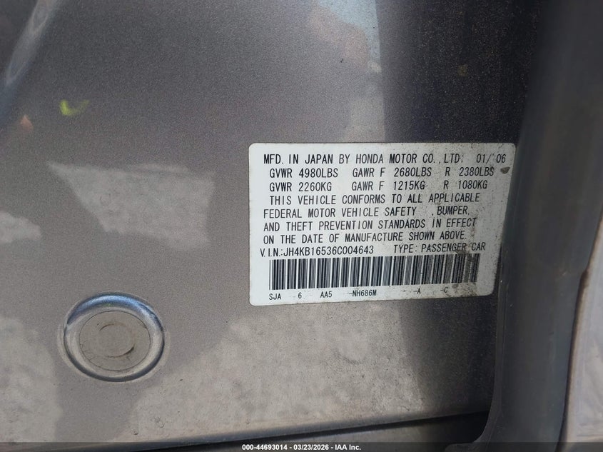 2006 Acura Rl 3.5 VIN: JH4KB16536C004643 Lot: 44693014