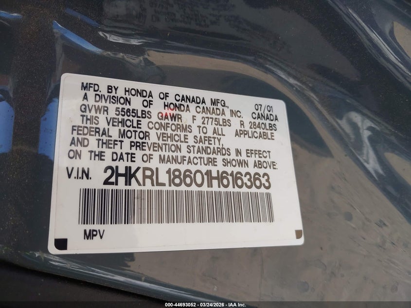 2001 Honda Odyssey Ex VIN: 2HKRL18601H616363 Lot: 44693052
