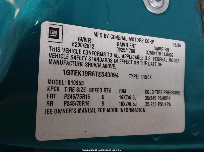 1996 GMC Sierra K1500 VIN: 1GTEK19R6TE540094 Lot: 44693059
