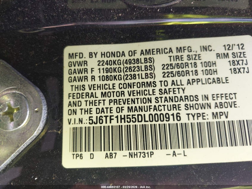 2013 Honda Crosstour Ex-L V6 VIN: 5J6TF1H55DL000916 Lot: 44693107