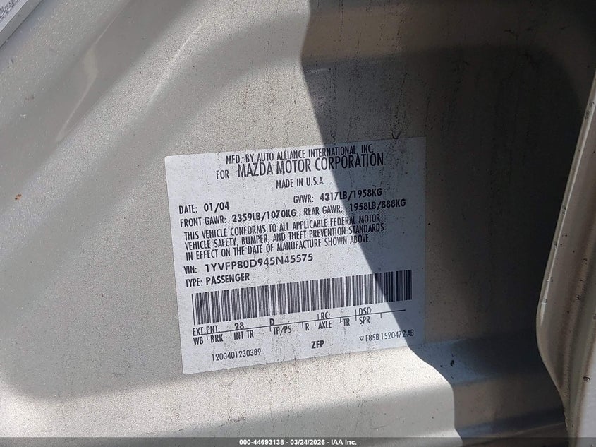 2004 Mazda Mazda6 S VIN: 1YVFP80D945N45575 Lot: 44693138
