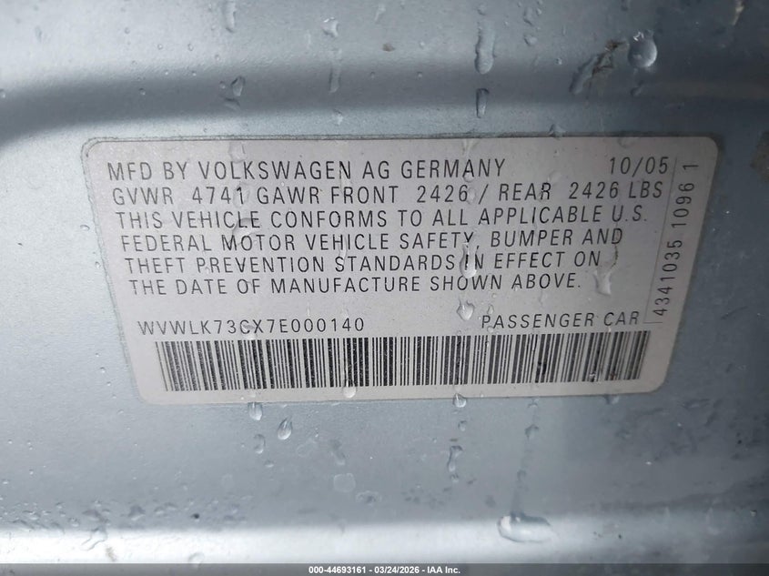 2007 Volkswagen Passat 2.0T VIN: WVWLK73CX7E000140 Lot: 44693161