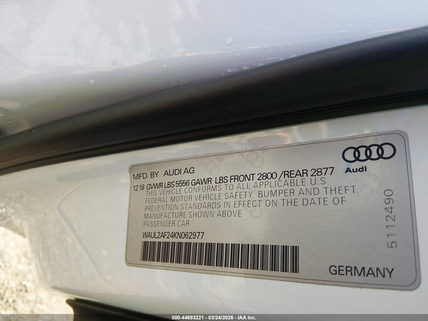 2019 Audi A6 55 Premium VIN: WAUL2AF24KN062977 Lot: 44693221