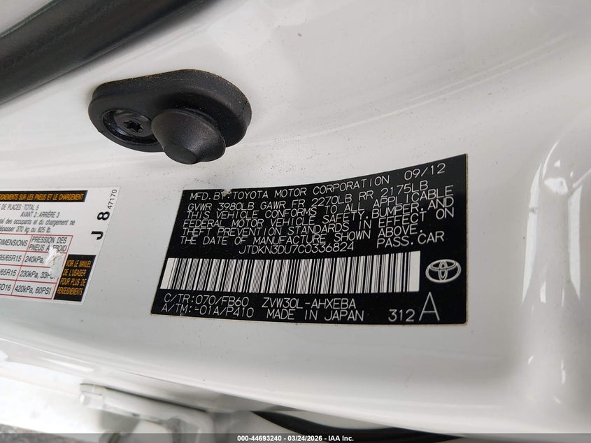 2012 Toyota Prius 1.8 Three white Lot 111044693240 Vin JTDKN3DU7C0336824