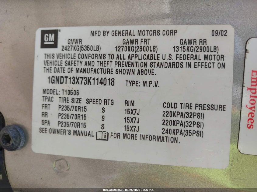 2003 Chevrolet Blazer Ls VIN: 1GNDT13X73K114018 Lot: 44693350